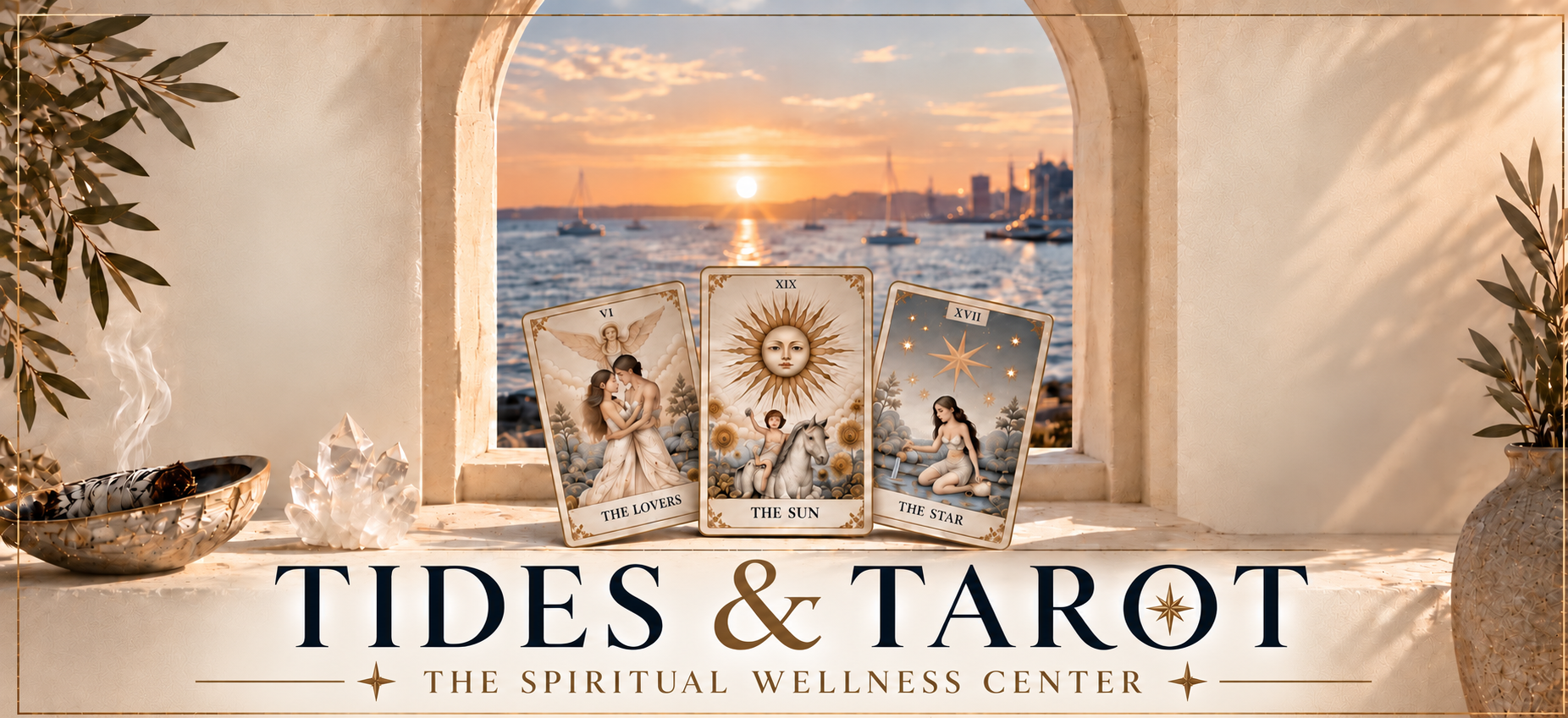 Tides & Tarot brand banner: arched Mediterranean window overlooking Boston Harbor at sunset with The Lovers, The Sun and The Star tarot cards